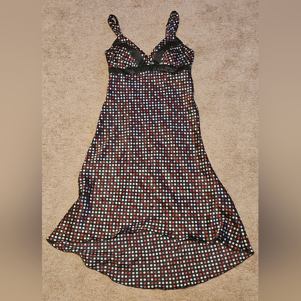 Beyer California Polka Dot Black Satin Knee Length Spaghetti Strap Dress